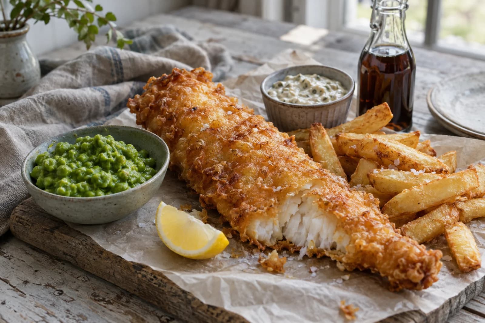 Fish & chips med sprød øldej, dobbeltstegte fritter og ærtemos