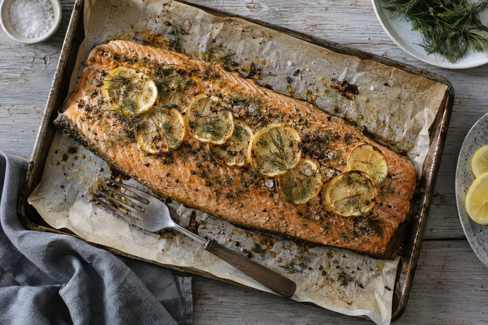 Hel lakseside i ovn med citron og urter