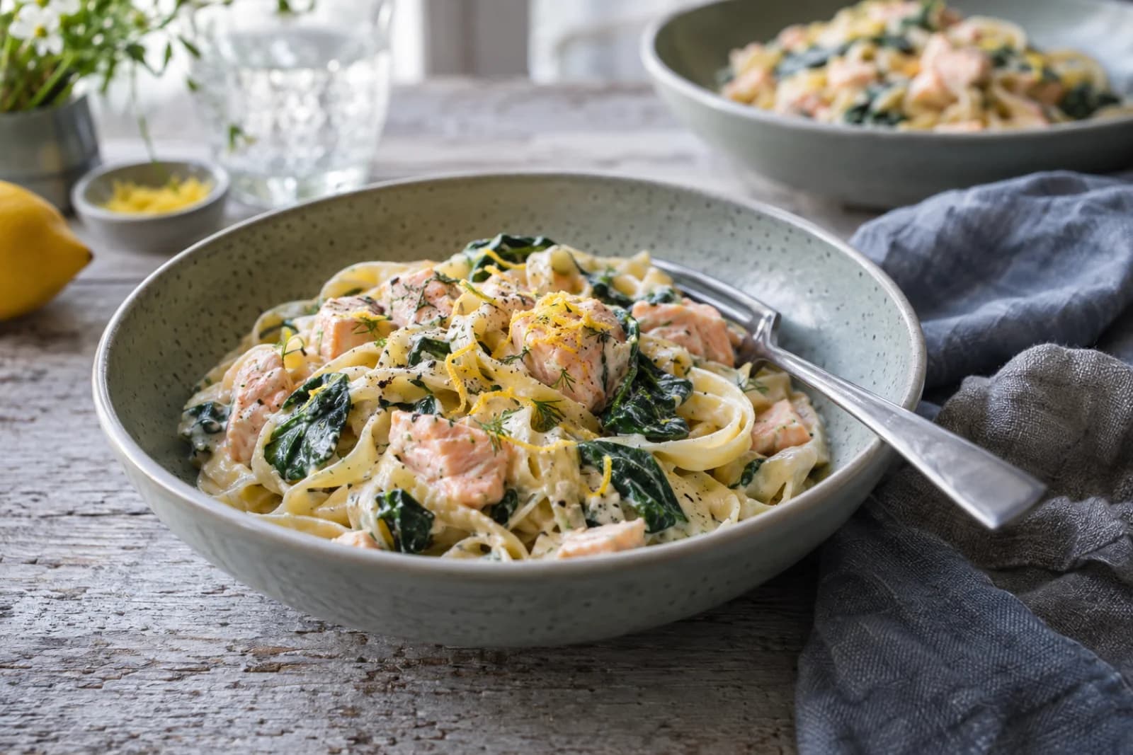Cremet pasta med laks og spinat
