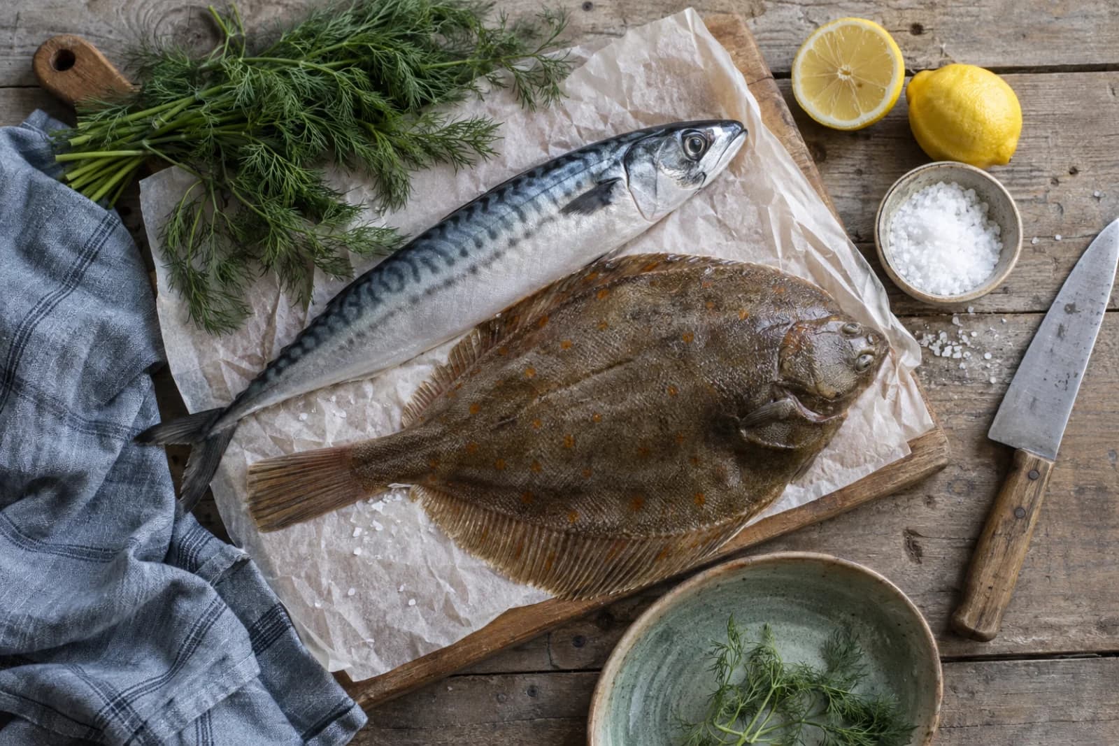 Frisk fisk, dild og citron på et køkkenbord