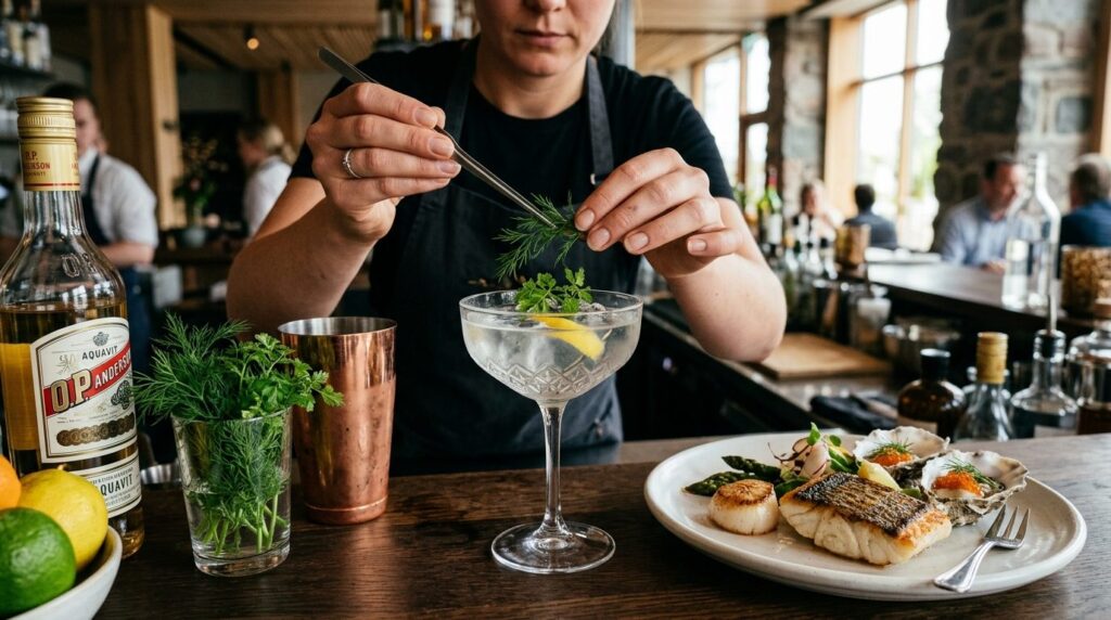 Close-up of a skilled bartenders hands preparing a craft co