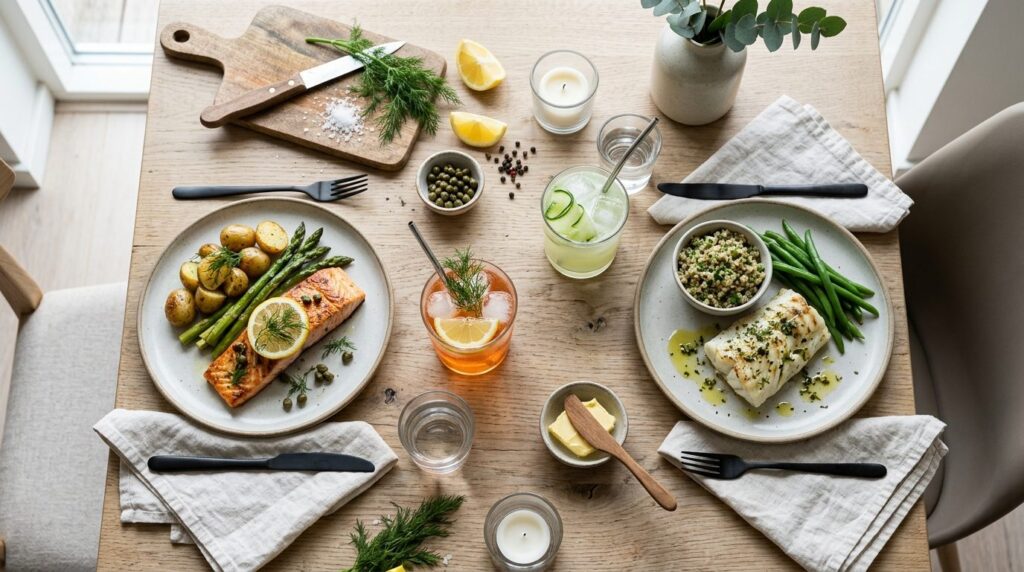 Overhead flat lay of Nordic fish dinner pairing scene: fresh