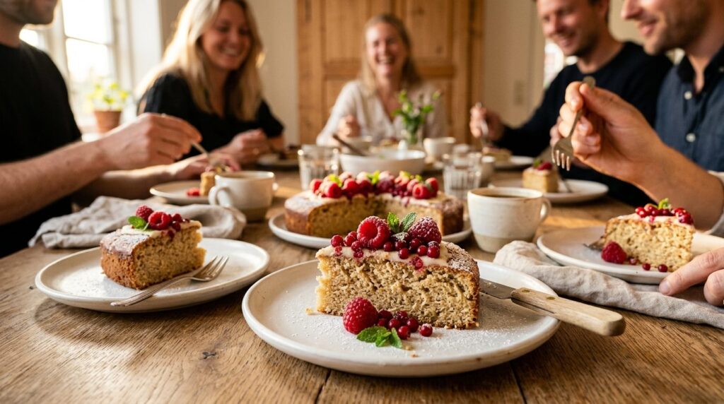 Vibrant close-up of sliced Nordic sheet cake (bradepandekage