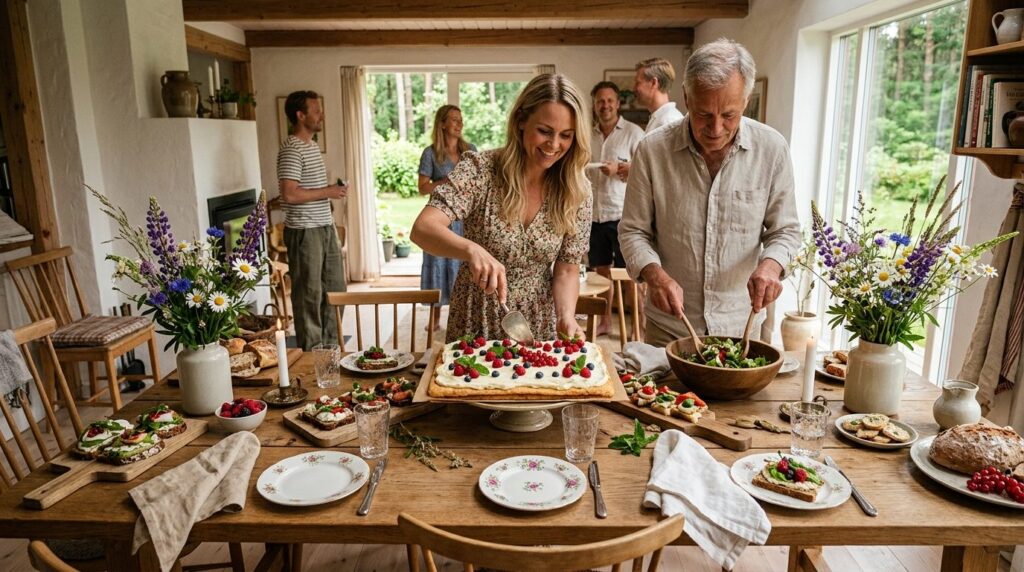 Wide-angle shot of a festive Nordic celebration table laden