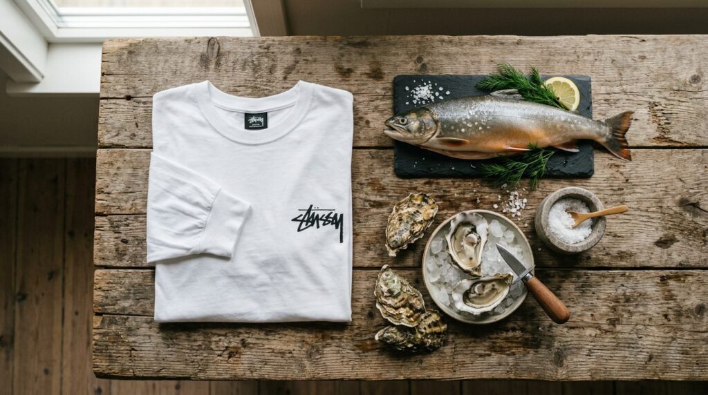Flat lay food photography: White Stussy longsleeve tee laid 