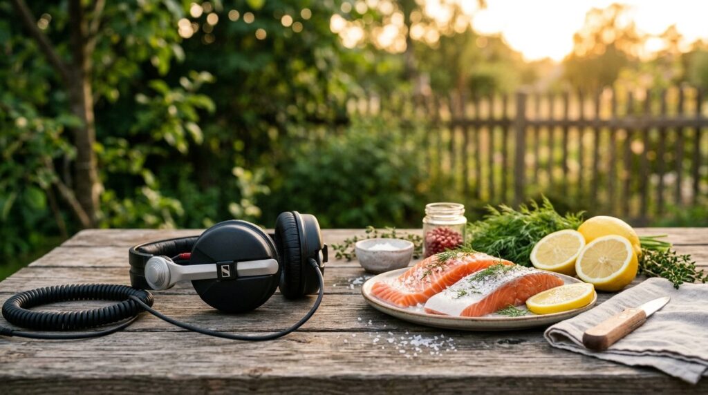 Close-up of premium DJ headphones resting on a wooden table