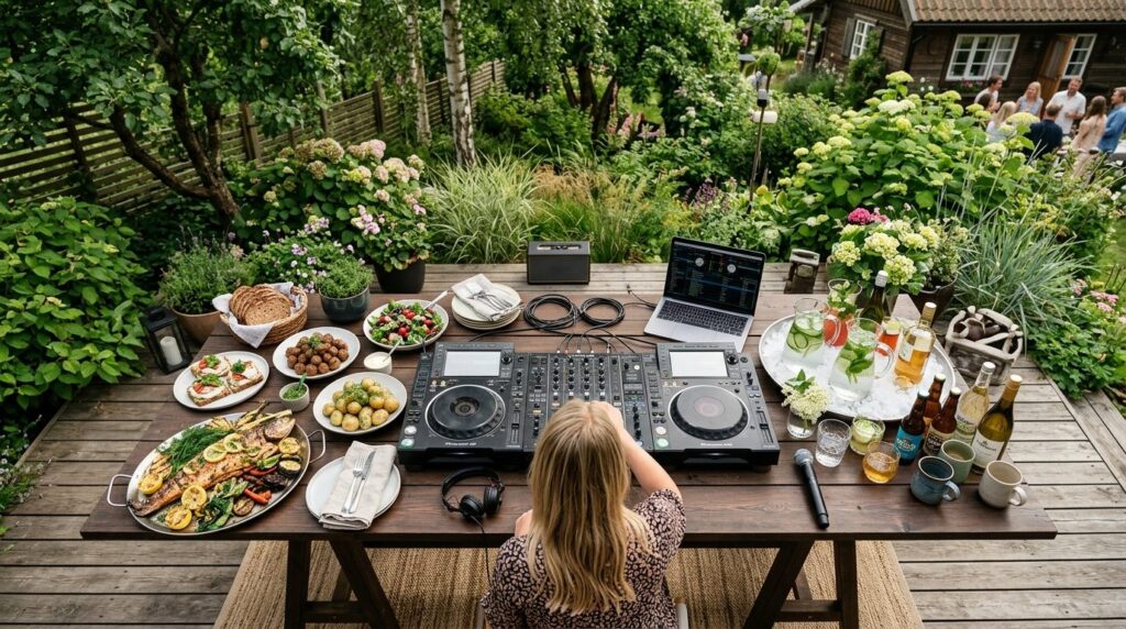 Overhead view of a DJ setup in a Scandinavian garden setting
