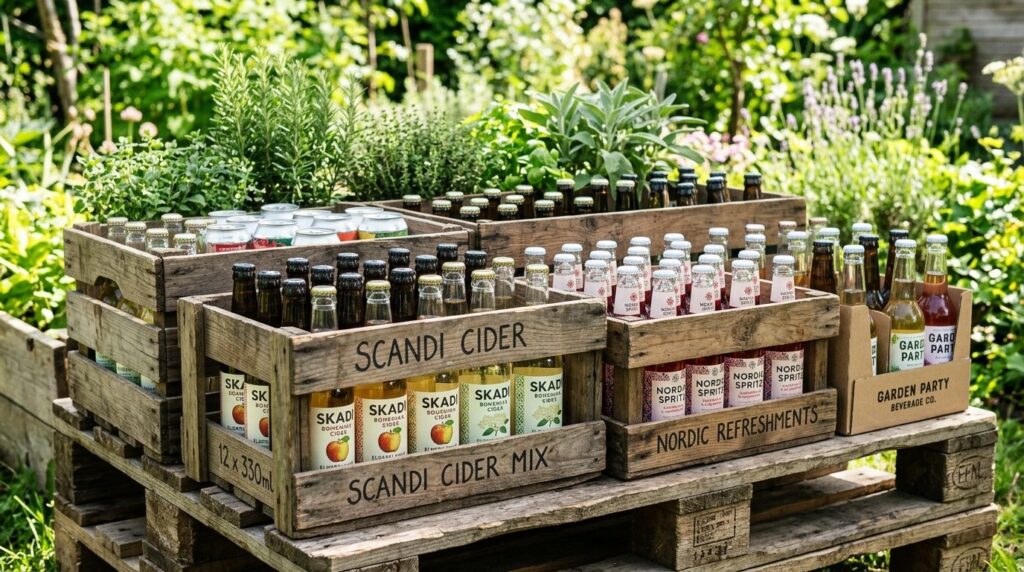Close-up flat lay of Nordic beverages in bulk crates and cas