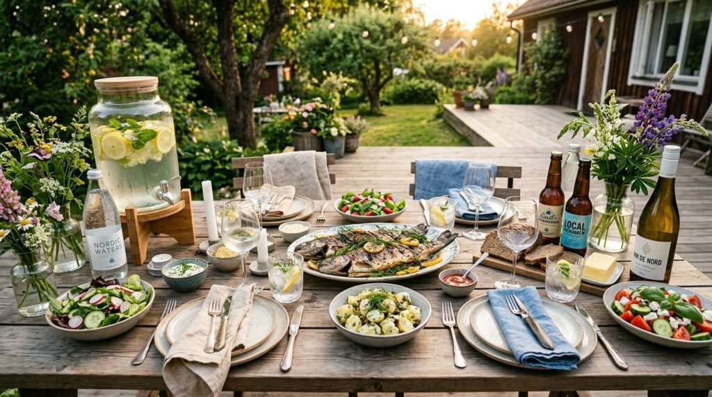 Overhead shot of a Nordic garden party table setting with gr