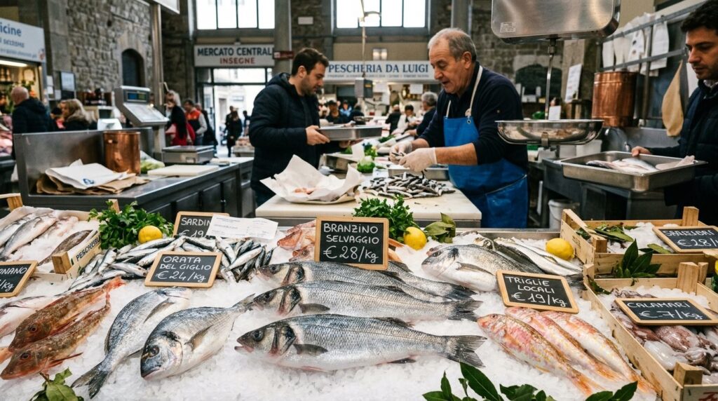 Authentic Italian fishmonger display at Florence market, fre