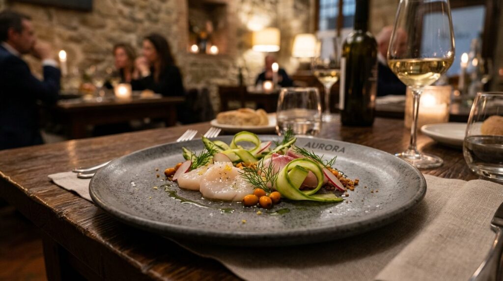 Elegant plated Nordic-Italian fusion dish with raw fish and 