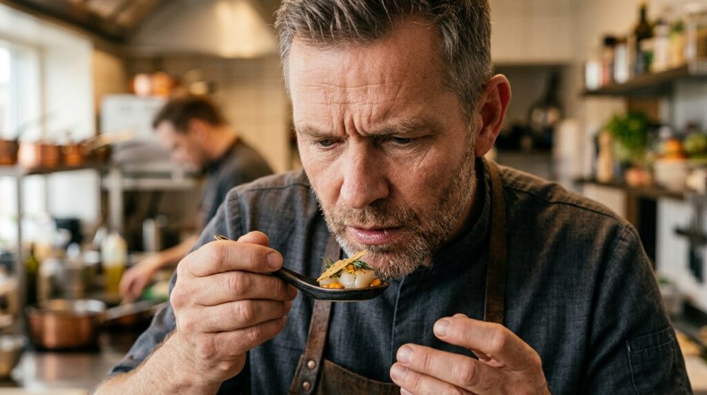 Close-up professional portrait of a Nordic chefs face showi