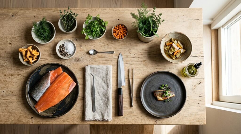 Professional overhead flat lay of Nordic restaurant table se