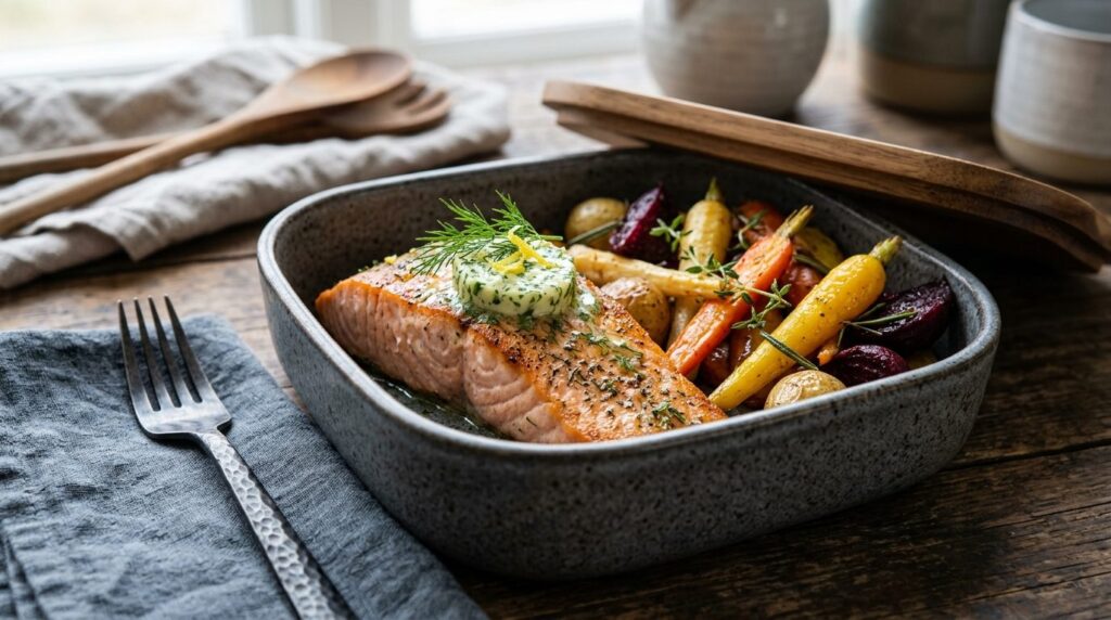 Close-up food photography of a prepared Nordic salmon fillet