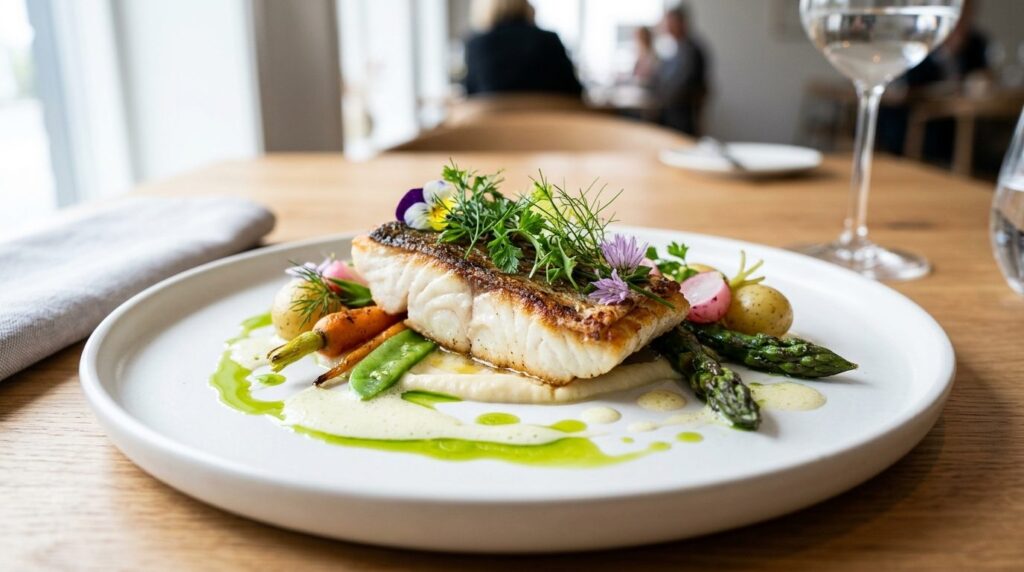 Close-up of a beautifully plated Nordic fish course featurin