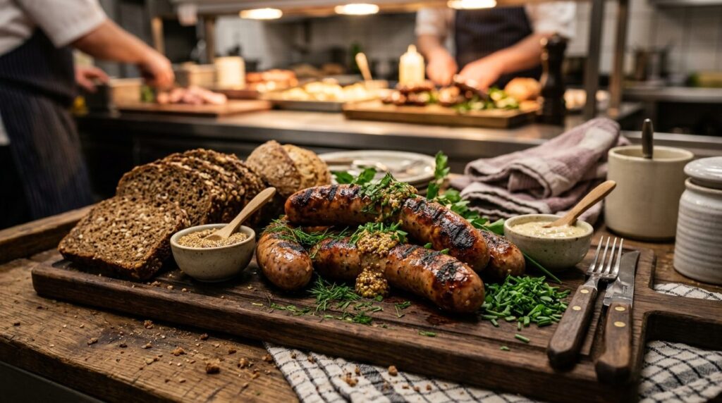 Close-up food photography of authentic Nordic sausages grill