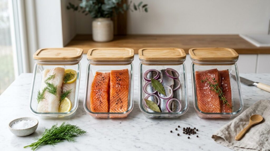 Close-up flatlay of transparent glass food storage container