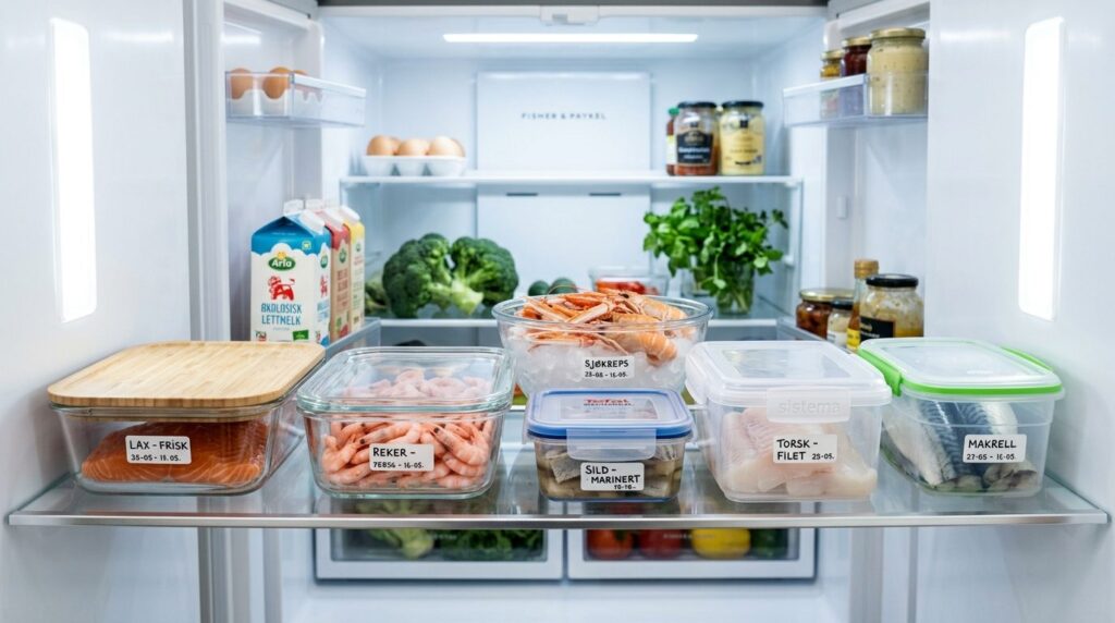 Comparative lifestyle shot of organized Nordic kitchen refri