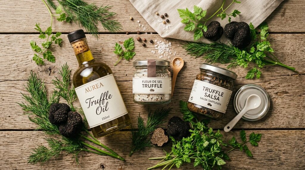 Flat lay photography of gourmet truffle products on a rustic