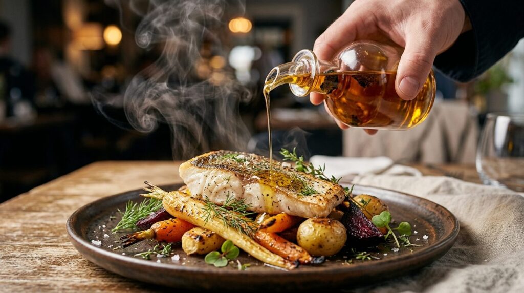 Close-up action shot of truffle oil being drizzled over a fr