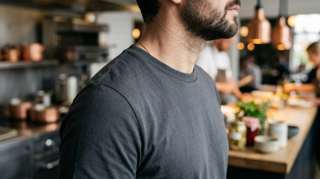 Detail shot of a chefs neck and shoulder area wearing a pre