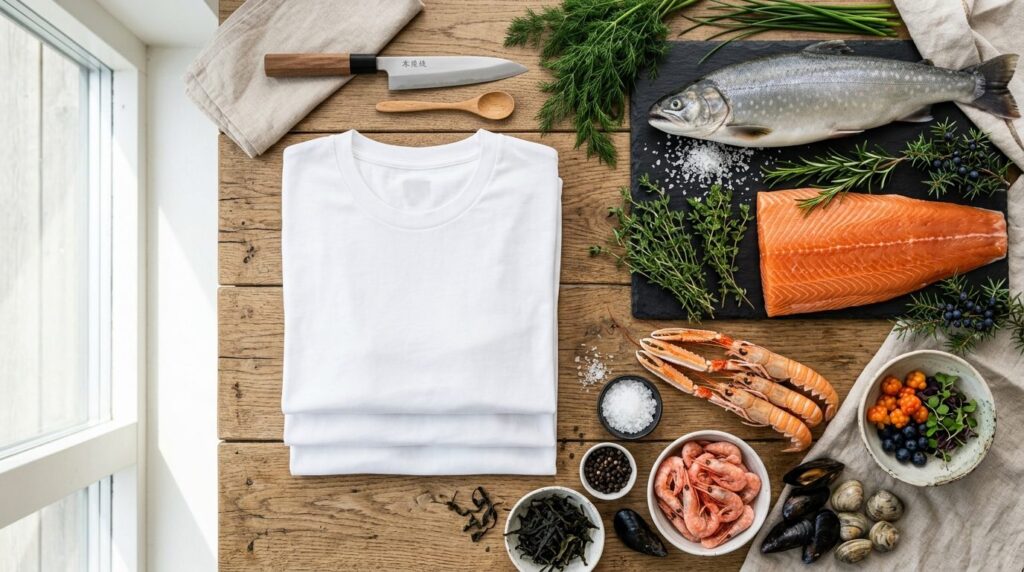 Overhead flat lay composition of white label-free t-shirts s