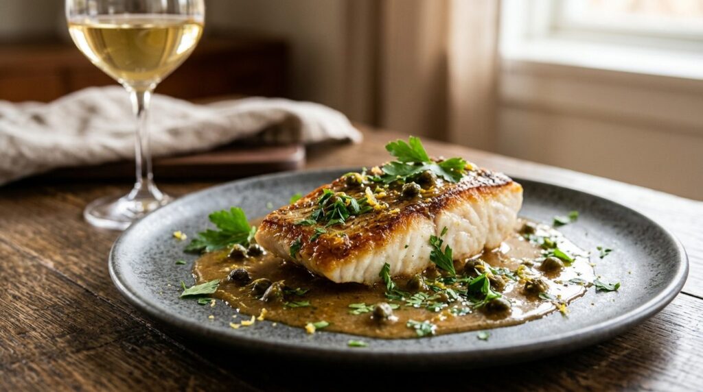 Close-up professional food photography of a pan-seared turbo