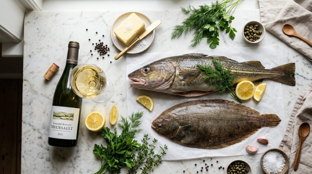 Flat lay professional food styling of fresh Nordic fish ingr