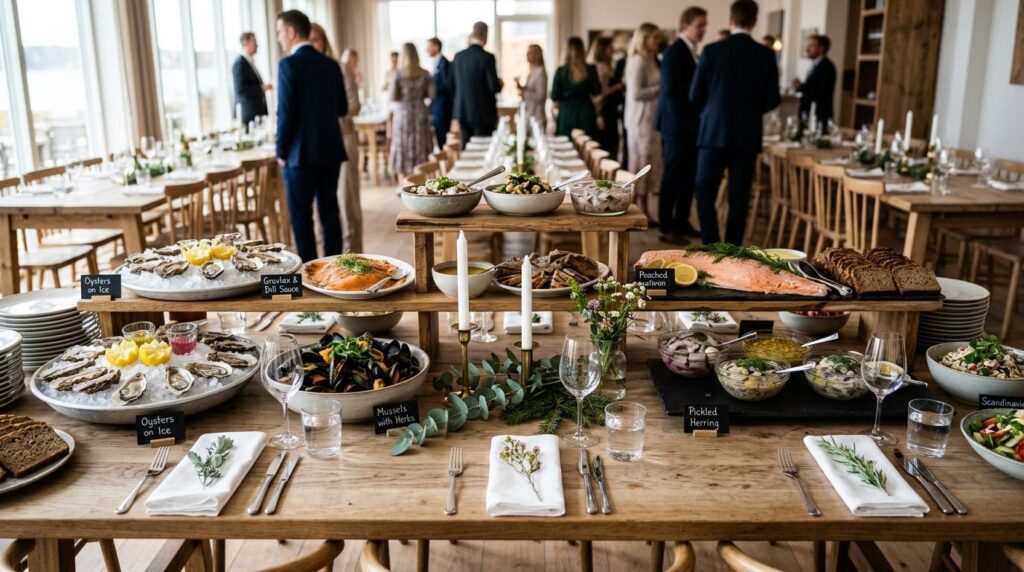 Professional stock photograph of a Nordic seafood buffet set