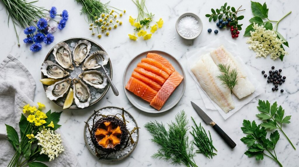 Overhead flat lay of Nordic seafood ingredients arranged art