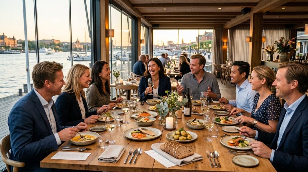 Group of business professionals enjoying a Nordic fish cours