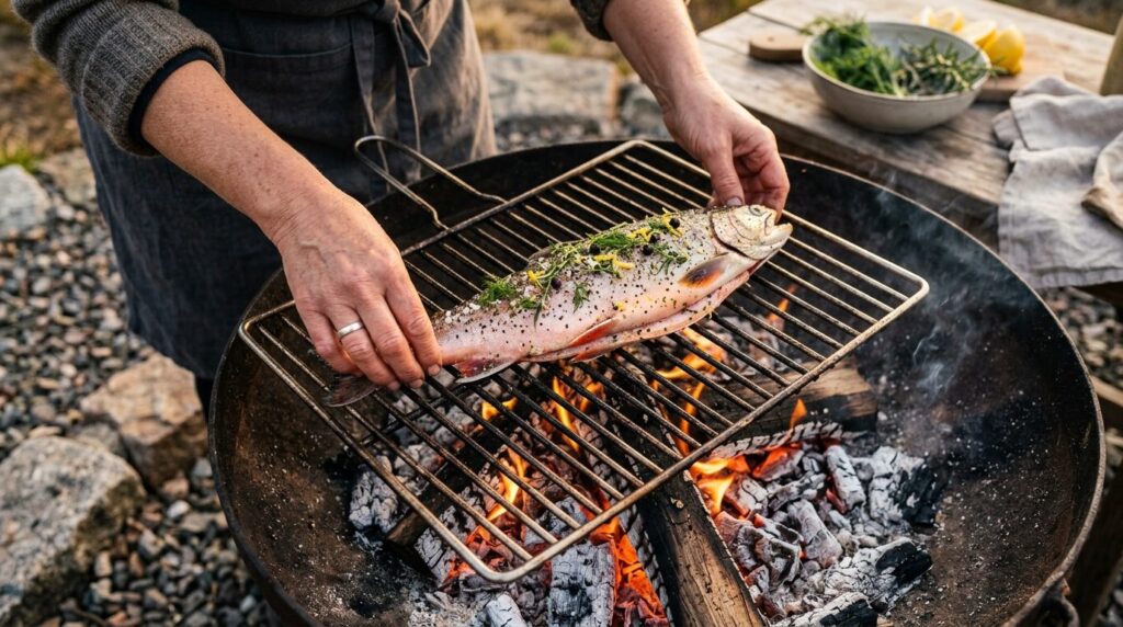 Close-up overhead shot of fresh Nordic fish seasoned with se