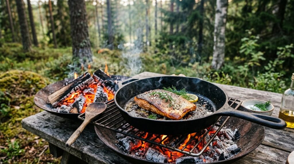 Rustic outdoor Nordic cooking scene with perfectly seared fi