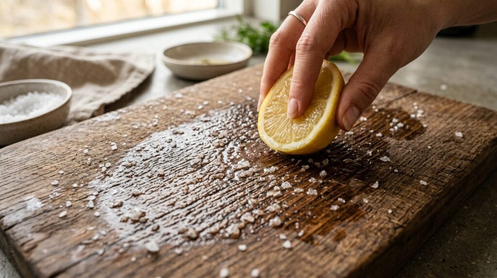 Close-up macro photography of a wooden cutting board surface