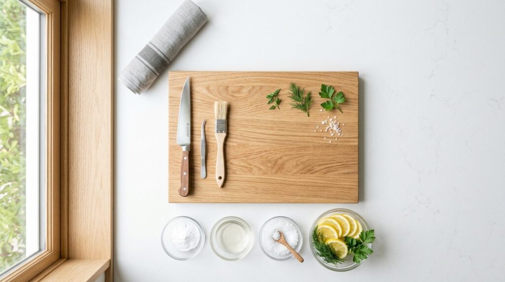 Flat lay overhead shot of an organized kitchen workspace wit