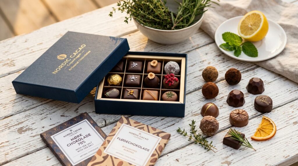 Close-up flatlay of luxury Danish chocolate assortment inclu