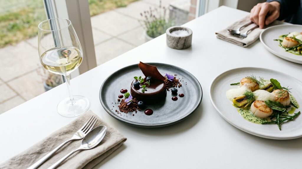 Overhead shot of an elegant plated dessert featuring premium
