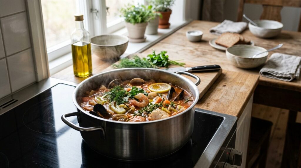 Lifestyle food photography of a beautiful seafood fish soup 