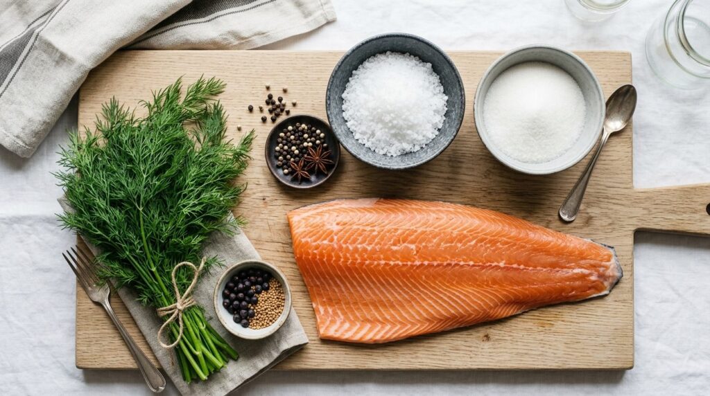 Flat lay overhead shot of gravlaks preparation ingredients i