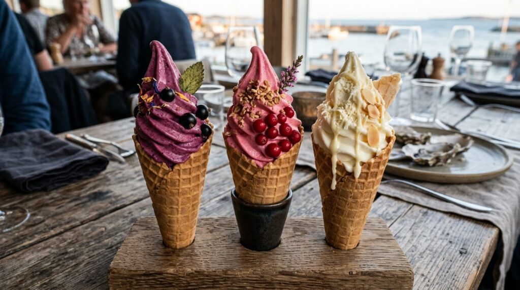 Close-up overhead shot of artisanal soft ice cream cones fea