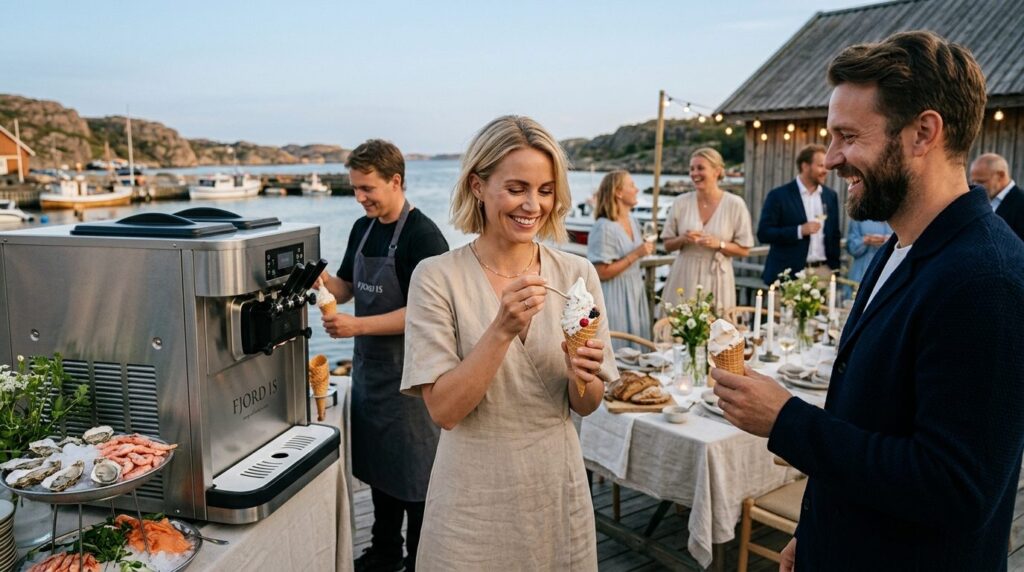 Professional event photography of guests enjoying soft ice c